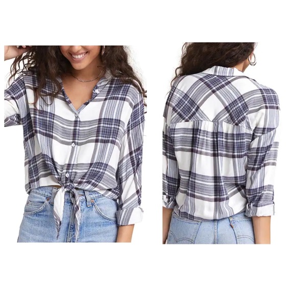 Bella Dahl Plaid Tie Front Blouse - Picture 1 of 10